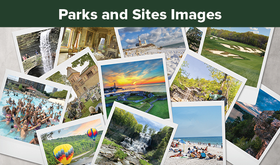 Parks and Sites Images. A pile of photographs with various scenes from state parks and historic sites. The images are in an instant film style frame, often referred to as a "Polaroid."